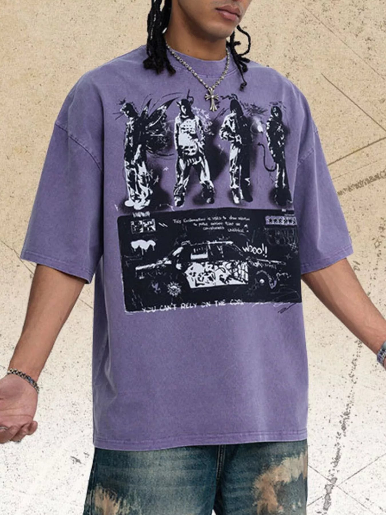 Men's vintage graphic round neck T-shirt from Trendsi in purple featuring retro-inspired design and comfortable fit.