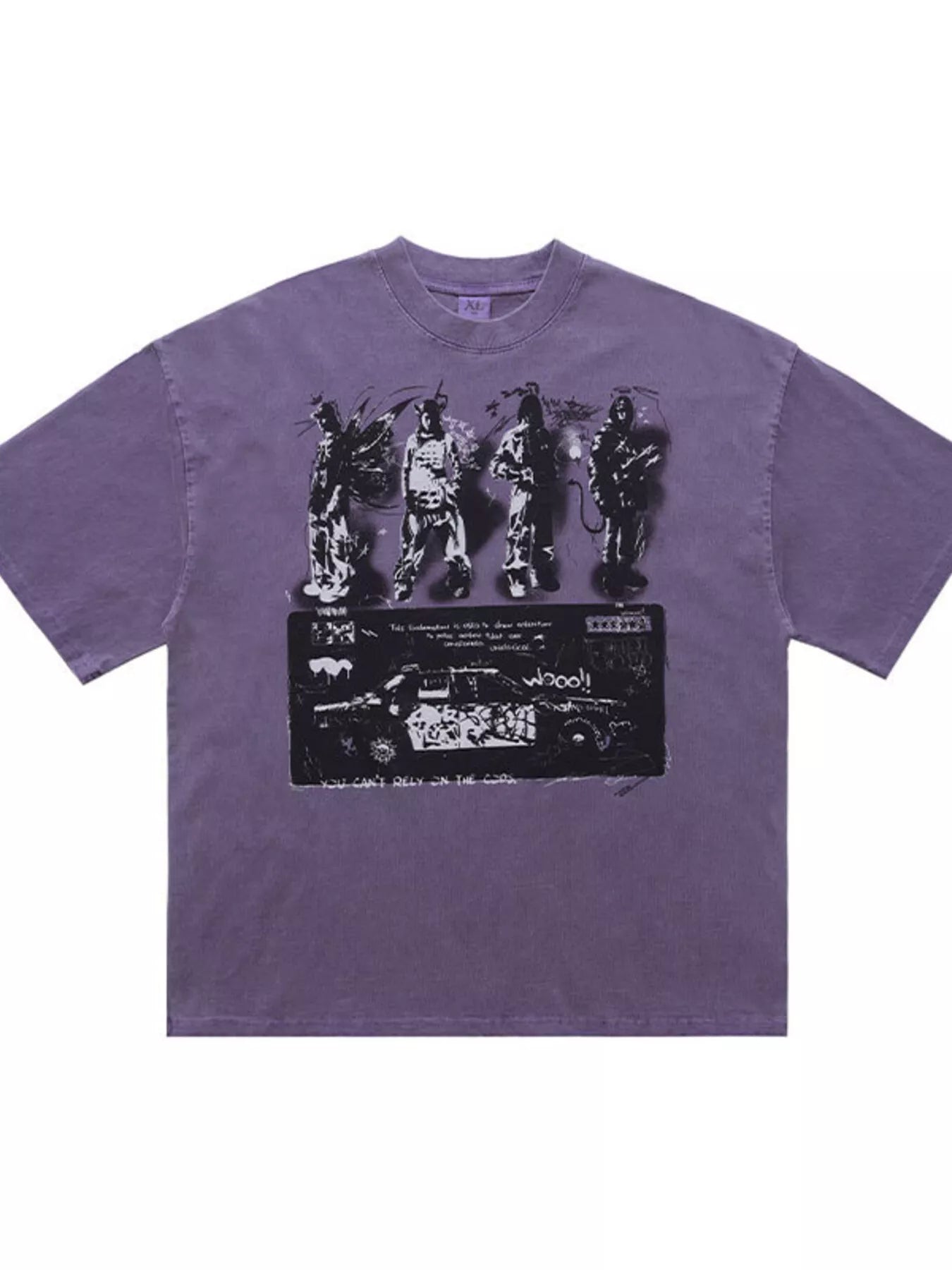 Men's vintage graphic round neck T-shirt by Trendsi in purple, featuring a retro-inspired design on soft cotton fabric.