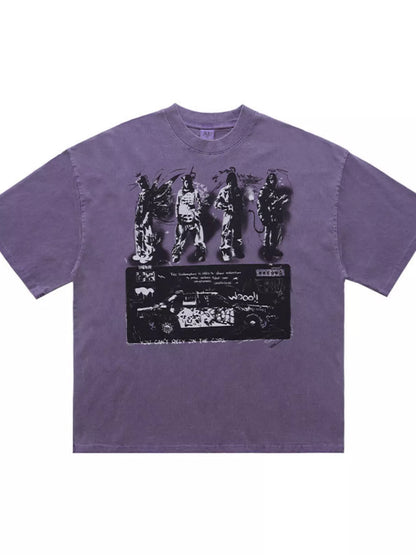 Men's vintage graphic round neck T-shirt by Trendsi in purple, featuring a retro-inspired design on soft cotton fabric.