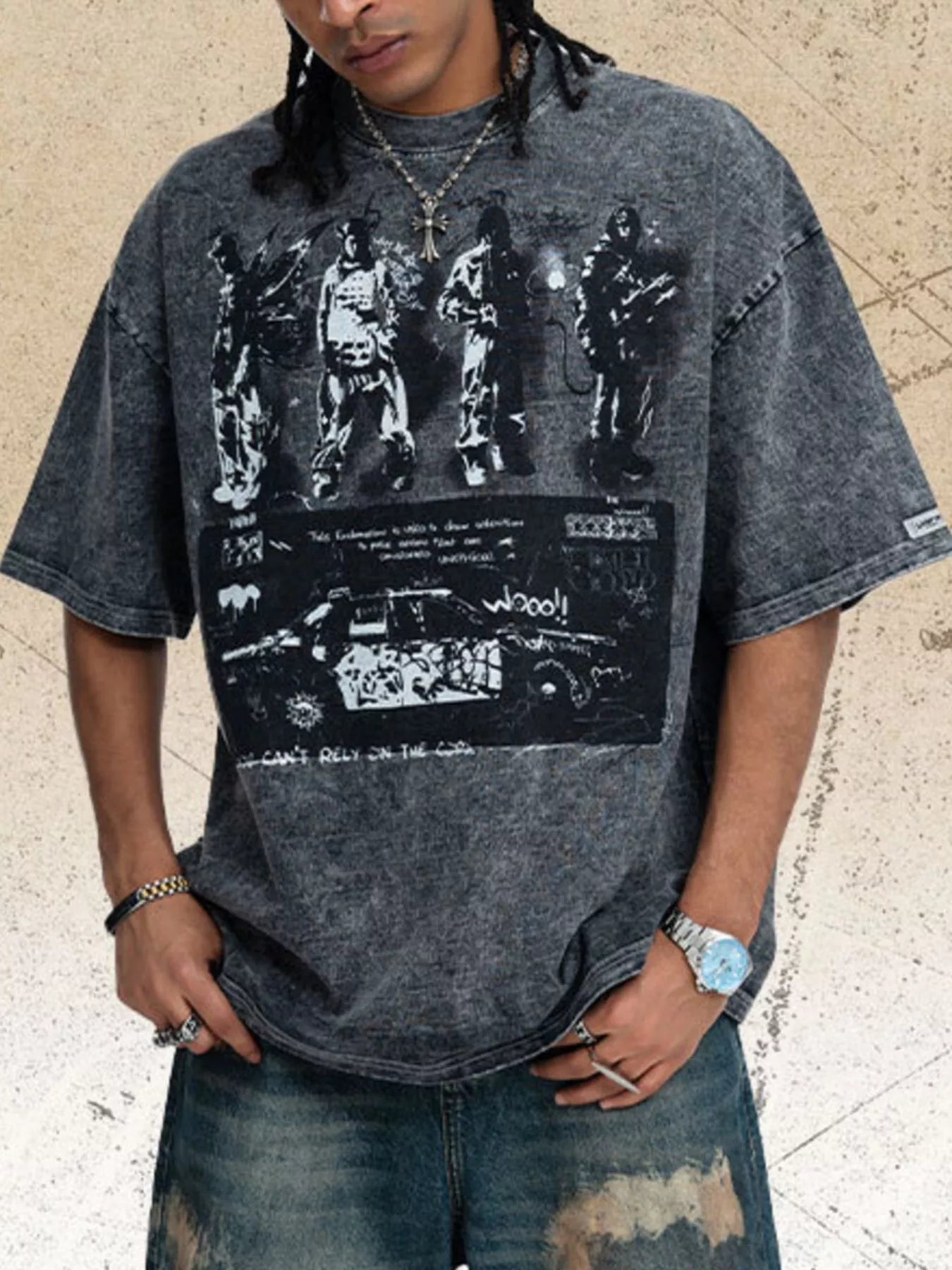 Men's vintage graphic round neck T-shirt by Trendsi in purple, featuring retro-inspired design and casual fit.