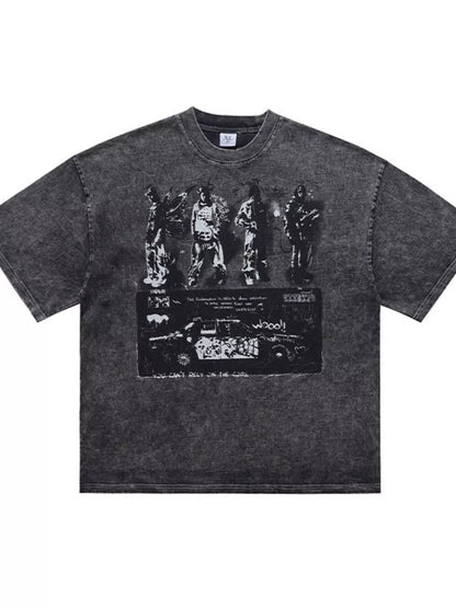 Men's vintage graphic round neck T-shirt from Trendsi, featuring a colorful retro design on purple fabric.