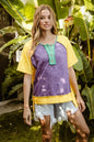 Purple, mustard, and green color block BiBi Mardi Gras top with button details and uneven hem, stylish and casual for everyday wear.