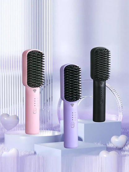 Purple portable heated hair straightening comb by Trendsi, showing the compact design and heating plates for easy styling.