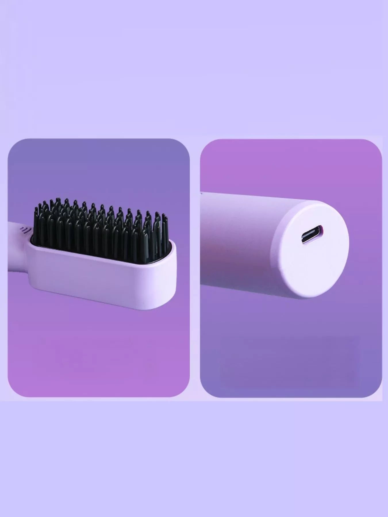 Purple portable heated hair straightening comb by Trendsi, compact design with wide teeth for quick styling and detangling.