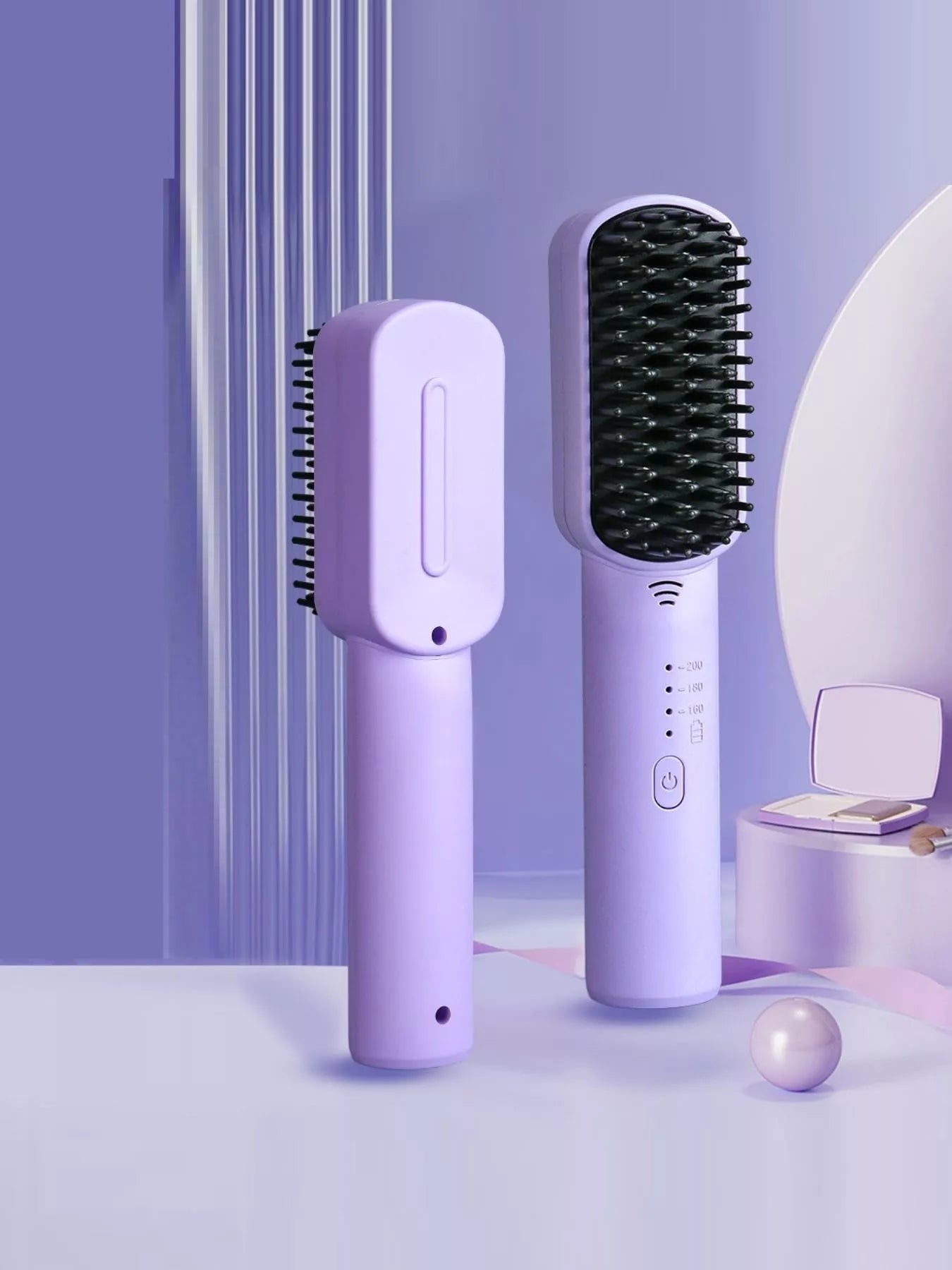 Purple portable heated hair straightening comb by Trendsi, compact design with adjustable heat for quick styling.