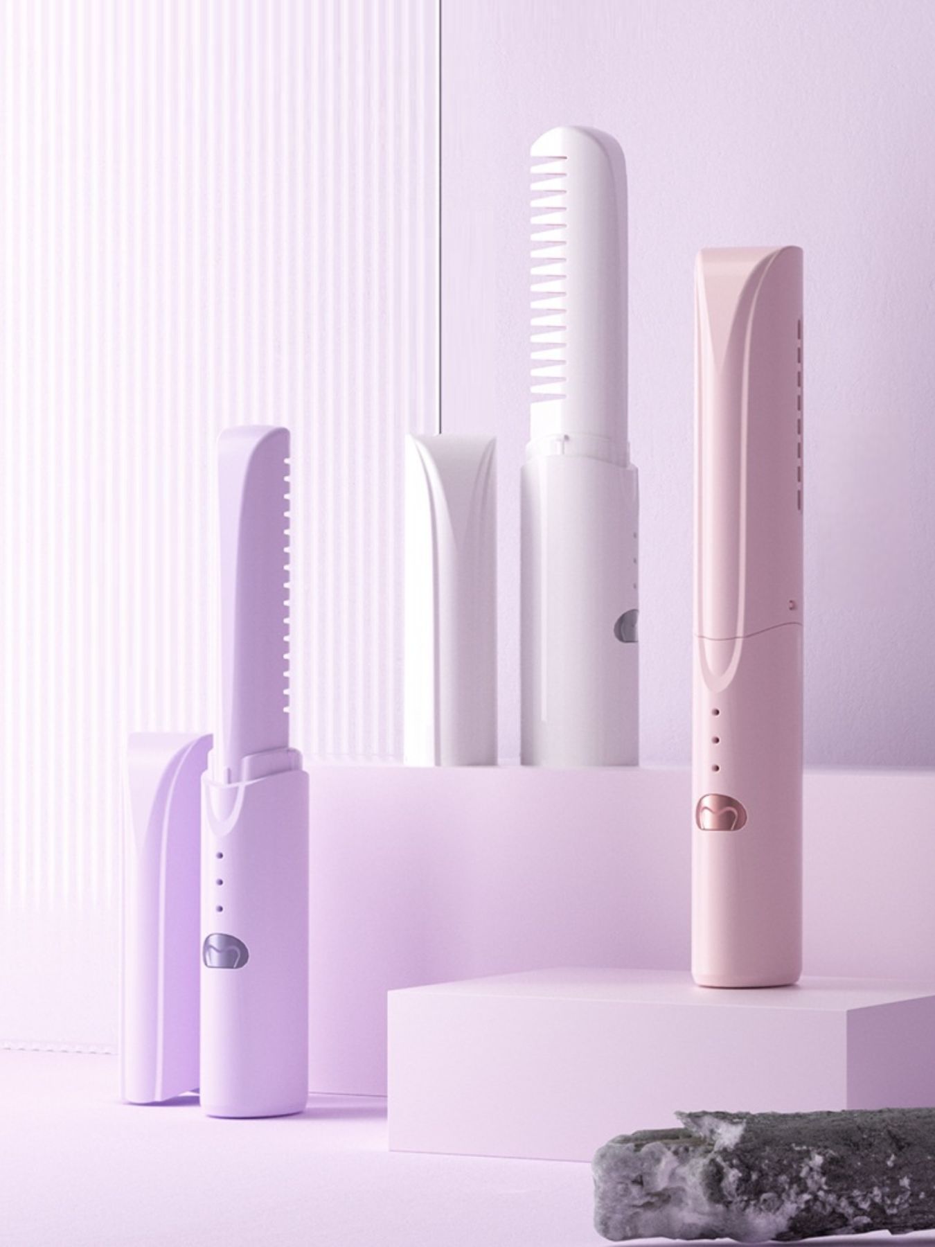 Purple portable heated straightening comb by Trendsi, compact design for easy styling and hair straightening.