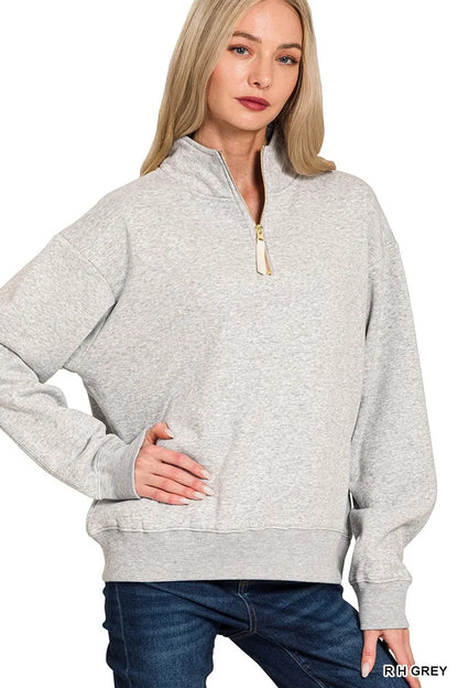 Gray Zenana fleece half zip sweatshirt from Trendsi, featuring a cozy, relaxed fit with a half-zip collar and soft fleece fabric.