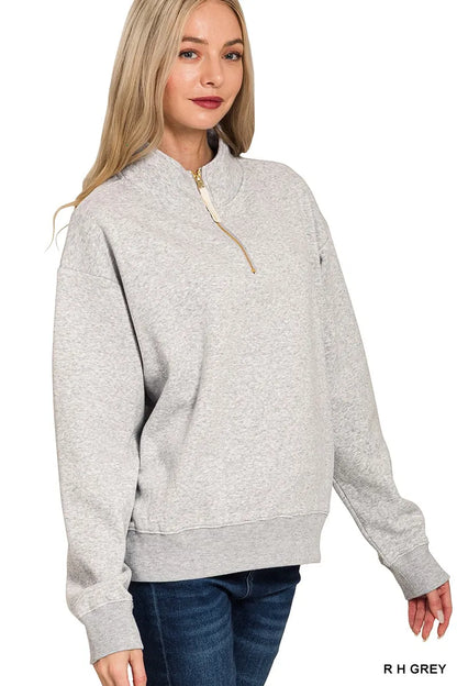 Gray Zenana fleece half-zip sweatshirt with a stand collar and relaxed fit, featuring a subtle textured knit pattern.