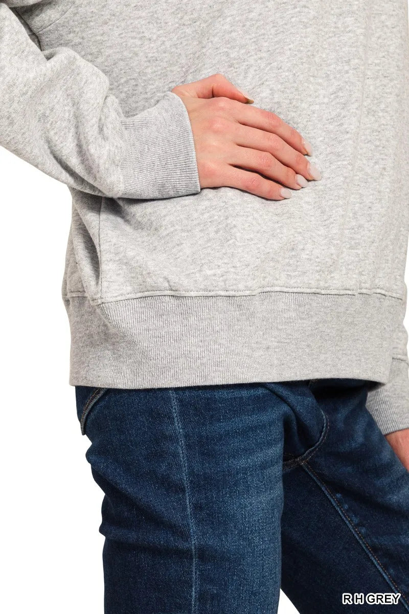Grey Zenana fleece half zip sweatshirt by Trendsi, showing a close-up of the soft fabric and half zipper detail.