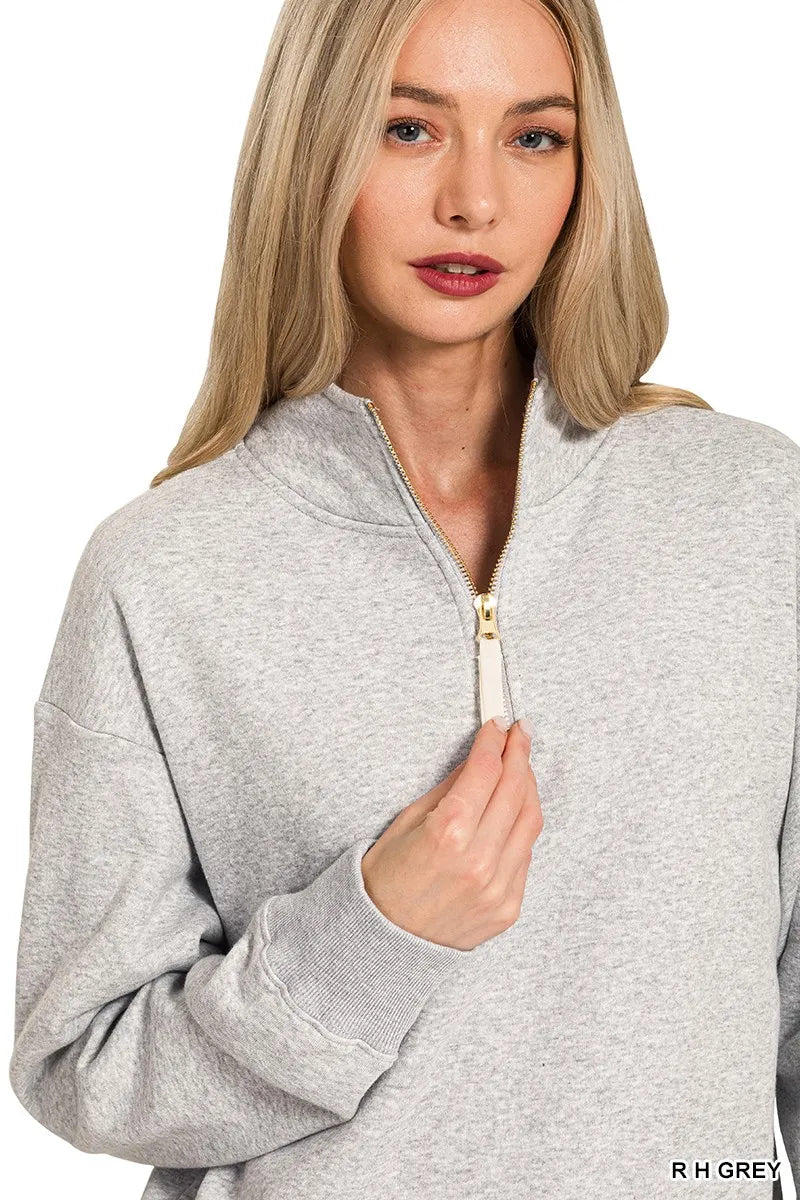 Gray Zenana fleece half-zip sweatshirt with stand collar and relaxed fit, casual style perfect for layering.