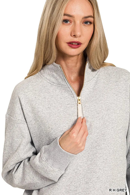 Gray Zenana fleece half-zip sweatshirt with stand collar and relaxed fit, casual style perfect for layering.