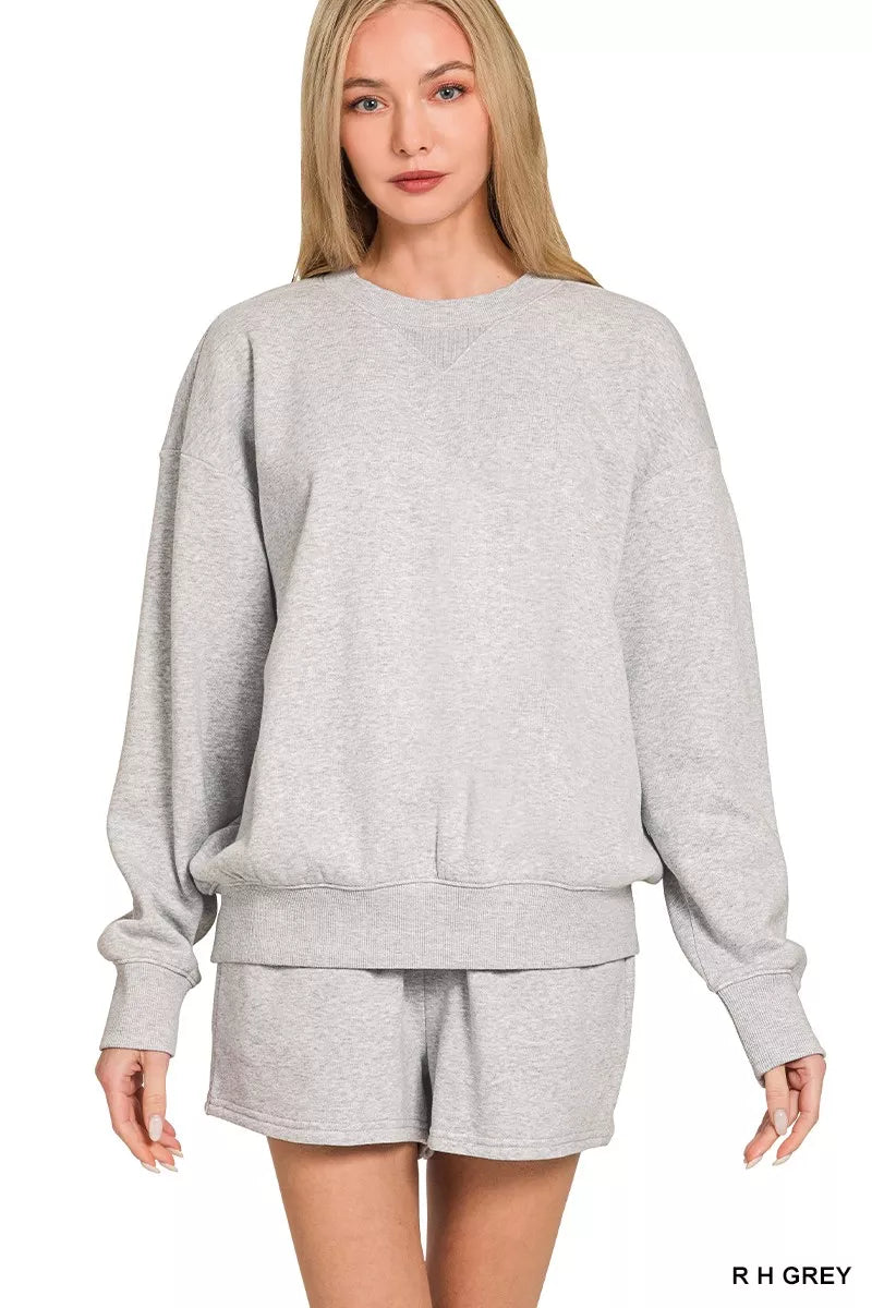 Gray Zenana fleece long sleeve sweatshirt and shorts set by Trendsi, cozy loungewear with a relaxed fit.
