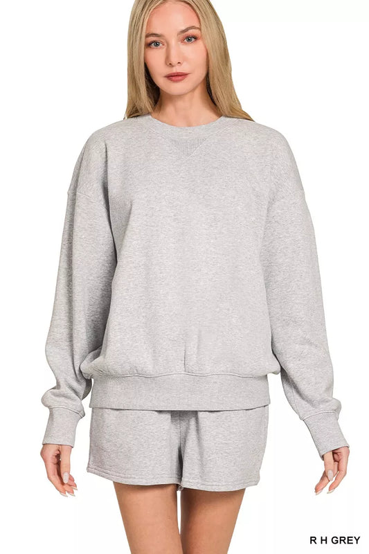 Gray Zenana fleece long sleeve sweatshirt and shorts set by Trendsi, cozy loungewear with a relaxed fit.