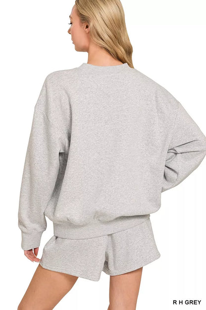 Grey Zenana fleece long sleeve sweatshirt and shorts set by Trendsi, casual loungewear with comfortable fabric and relaxed fit.