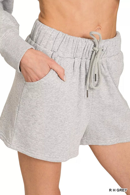 Grey Zenana fleece long sleeve sweatshirt and shorts set by Trendsi, cozy loungewear with comfortable fit.