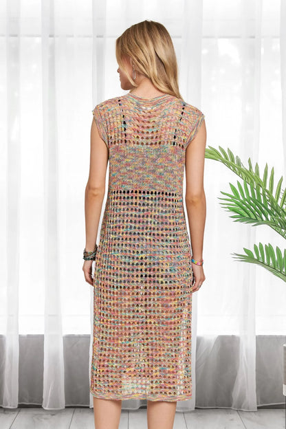 Multi-color crochet tunic top by ADORA, featuring vibrant rainbow hues and intricate crochet details, stylish and comfortable.