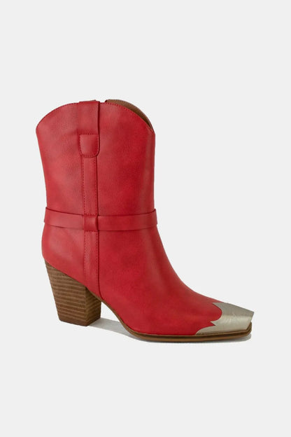 Red faux leather metal toe ankle boots by Trendsi with chunky heel and stylish design, perfect for edgy fashion looks.