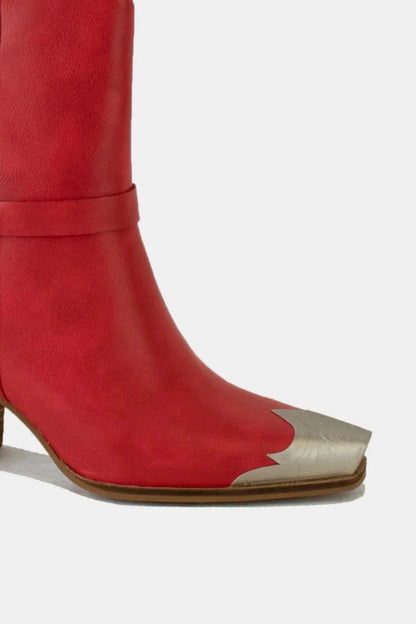 Red faux leather metal toe ankle boots from Beast Fashion by Trendsi, featuring a stylish design and sturdy heel.