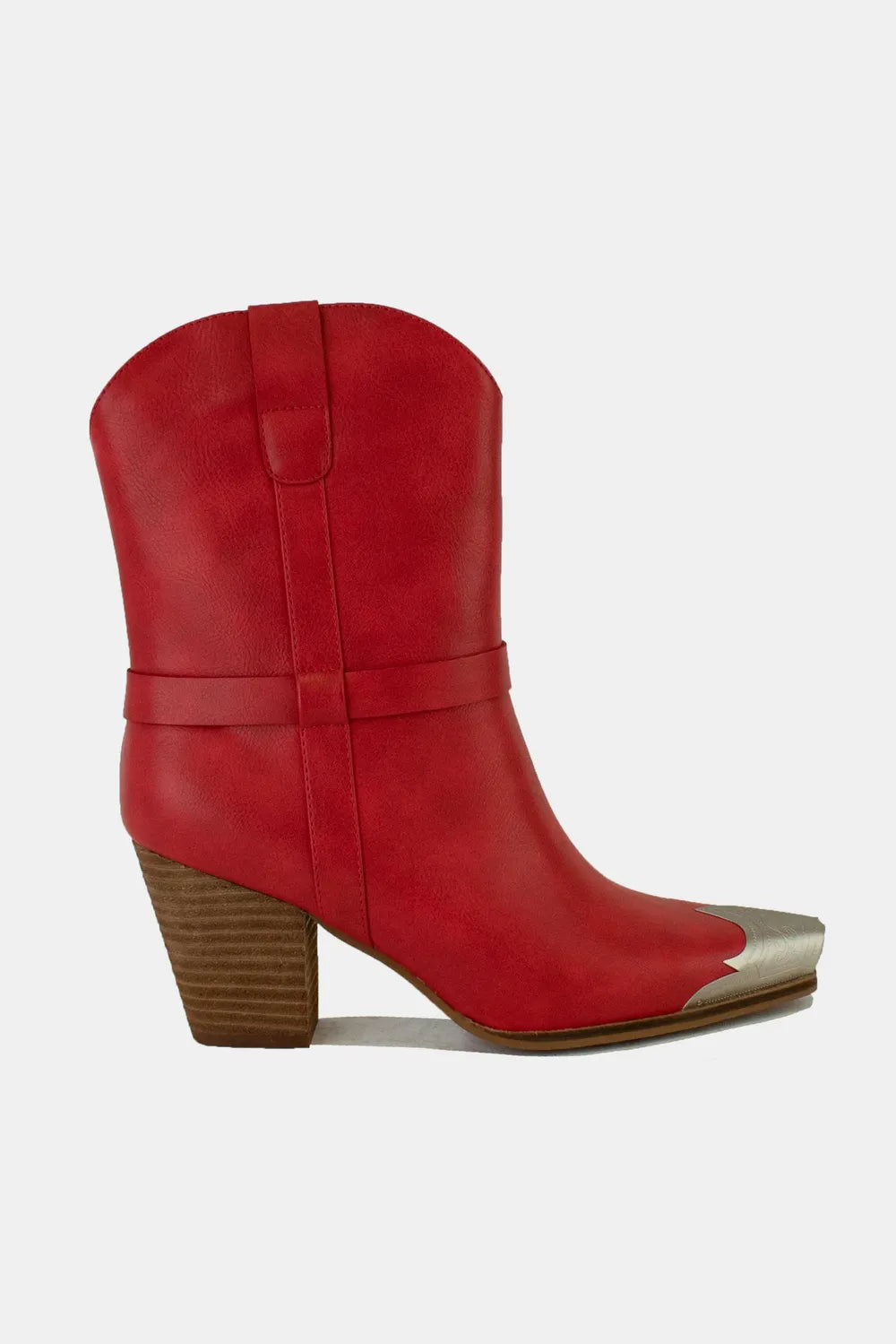Red faux leather ankle boots with metal toe cap and chunky heel by Beast Fashion for trendy, stylish footwear.