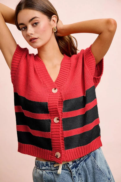 Red and black striped knit cardigan with buttoned V-neck and game day theme, styled for casual wear by Trendsi.