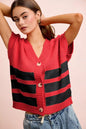Red and black striped knit cardigan with buttoned V-neck and game day theme, styled for casual wear by Trendsi.