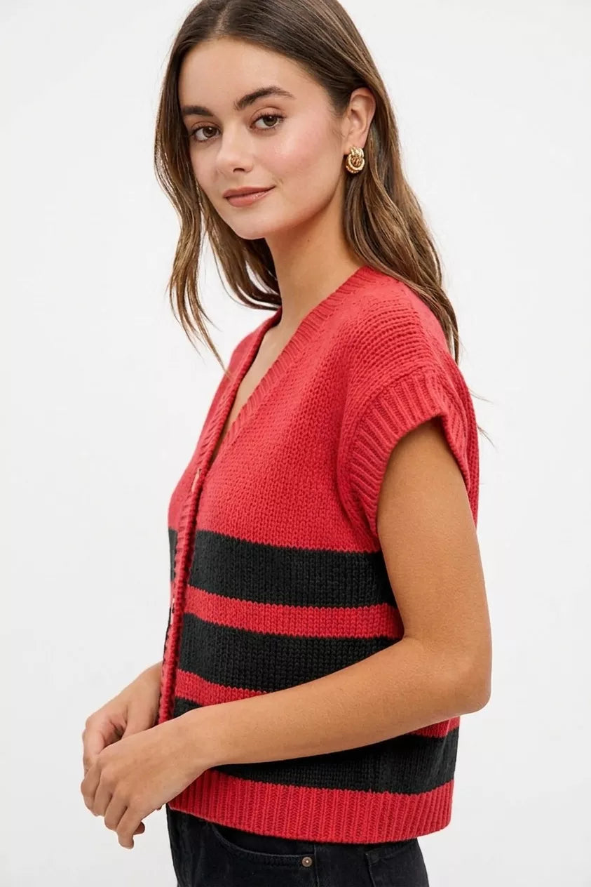 Red and black striped BiBi Game Day knit cardigan with V-neck and button details, perfect for casual or team spirit wear.
