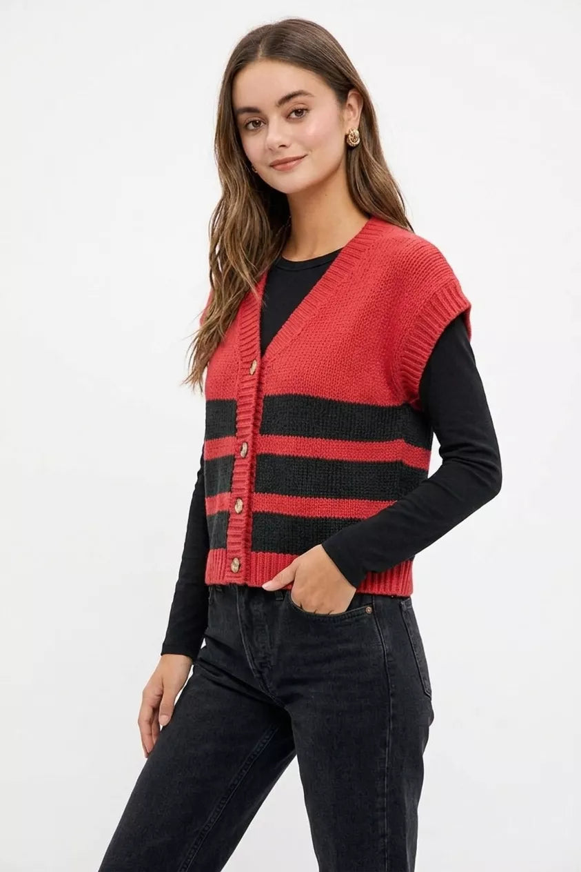 Red and black striped V-neck knit cardigan with button details, featuring a game day theme from Trendsi.
