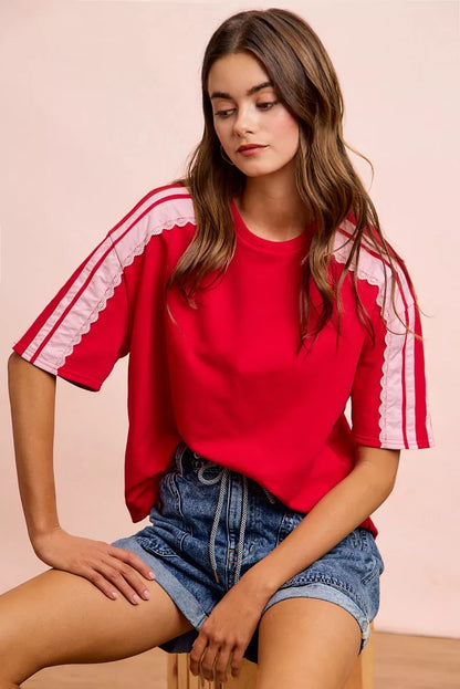 Red blush BiBi French Terry short sleeve top with side lace detail, casual and stylish women's top from Trendsi.
