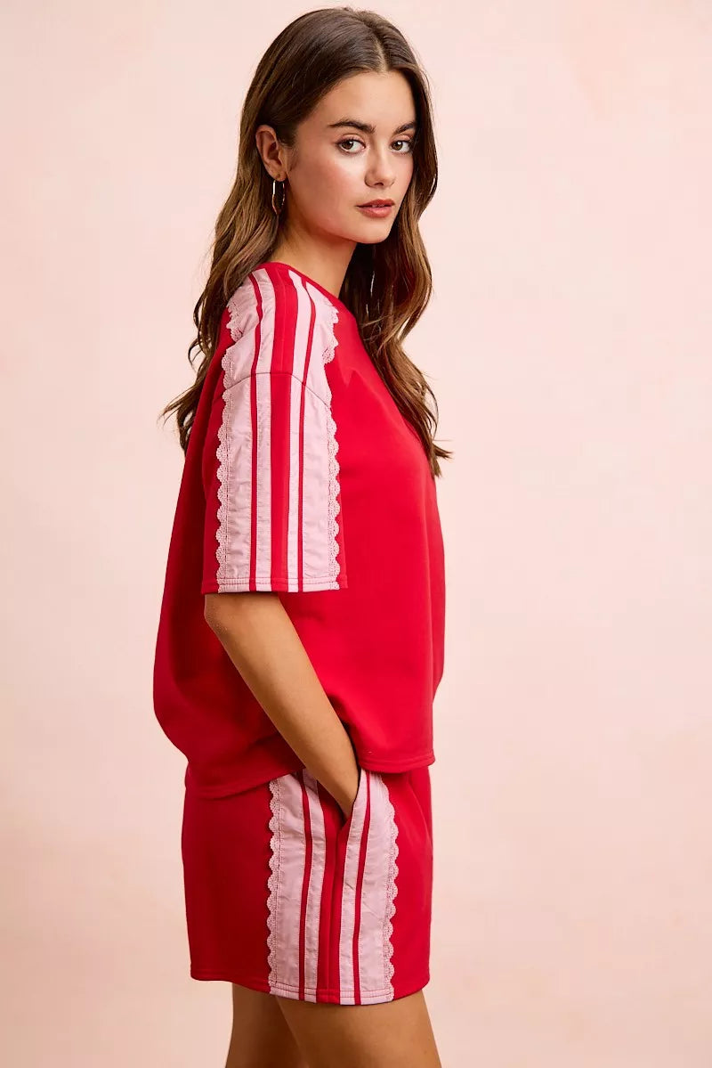 Red blush BiBi French Terry short sleeves top with side lace detail, casual women's fashion by Trendsi.