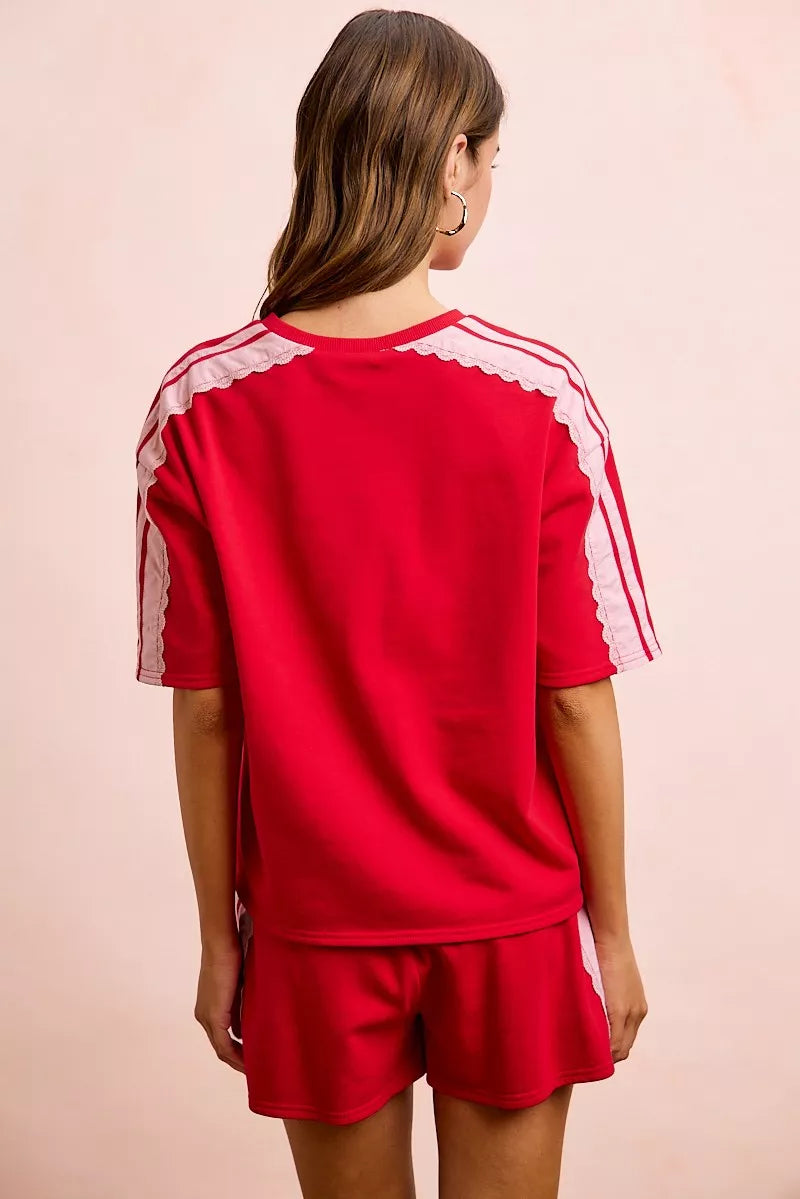 Red blush BiBi French Terry short sleeves top with side lace detail, casual and comfortable women's fashion by Trendsi.