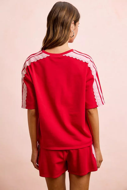 Red blush BiBi French Terry short sleeves top with side lace detail, casual and comfortable women's fashion by Trendsi.