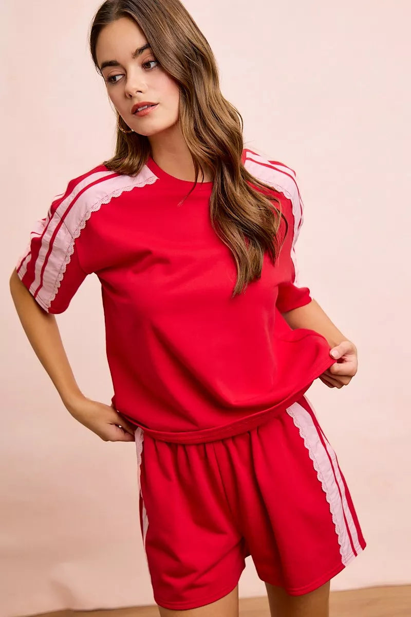 Red blush BiBi French Terry short sleeve top with side lace detail from Trendsi, showcasing a stylish, casual women's shirt.