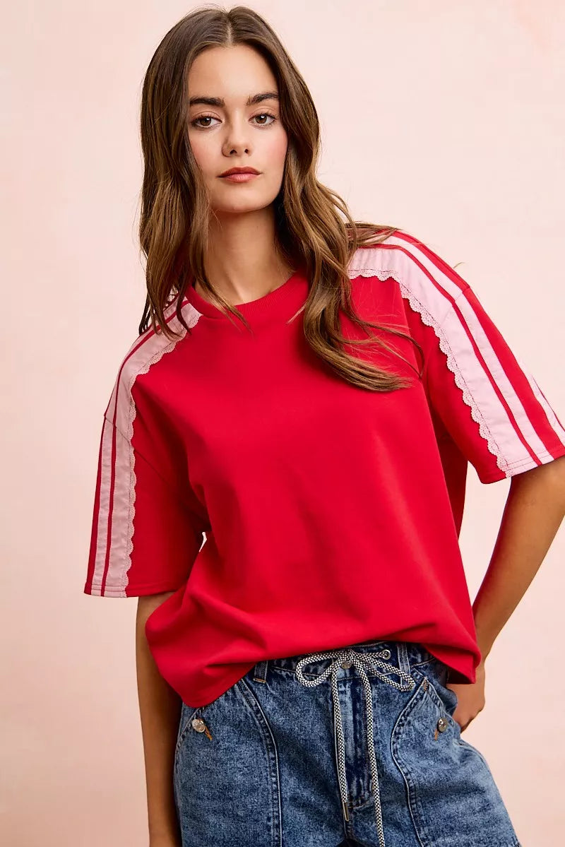 Red blush BiBi French Terry short sleeve top with side lace detail, casual and comfortable women's fashion by Trendsi.