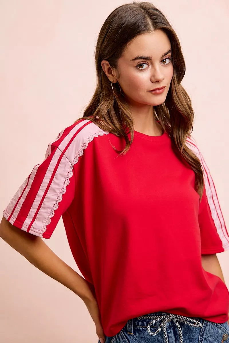 Red blush BiBi French Terry short sleeves top with side lace detail, from Trendsi.