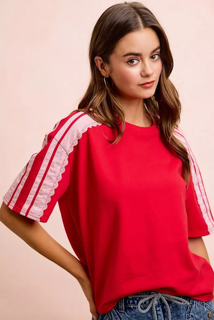 Red blush BiBi French Terry short sleeves top with side lace detail, from Trendsi.
