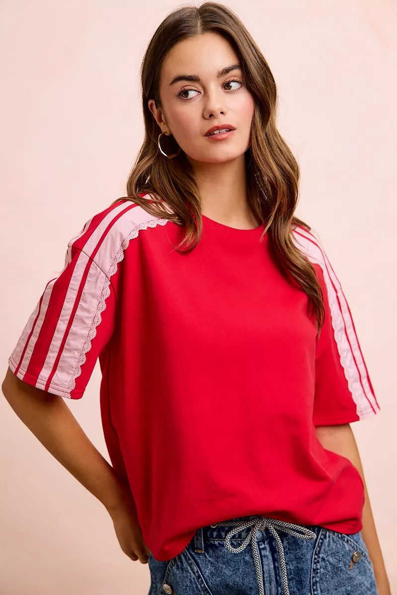Red blush BiBi French Terry short sleeves top with side lace detail, casual women's fashion by Trendsi.
