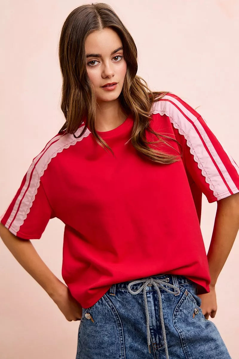 Red blush BiBi French Terry short sleeves top with side lace detail, casual women's fashion by Trendsi.