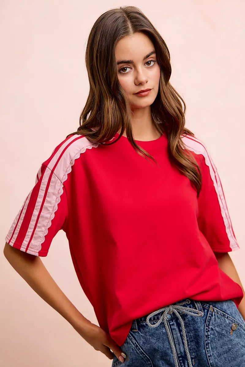 Red blush BiBi French Terry short sleeve top with side lace detail, casual and comfortable fashion from Trendsi.