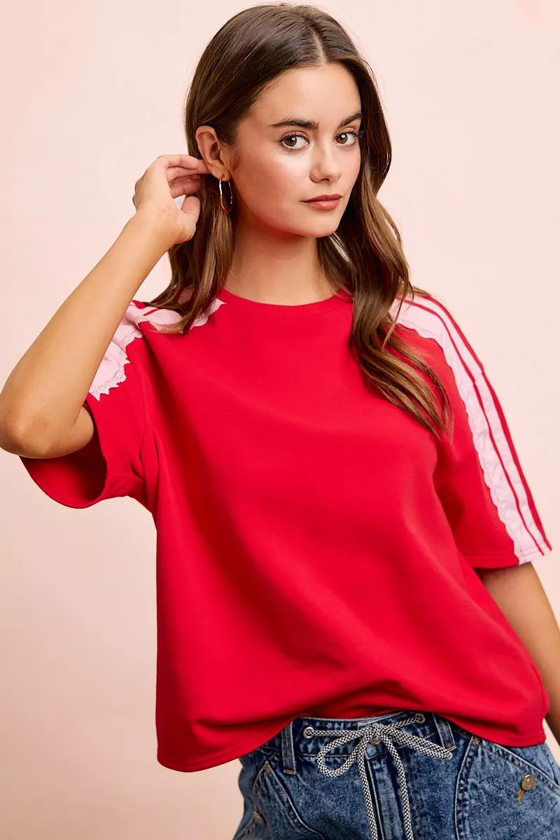 Red blush BiBi French Terry short sleeves top with side lace detail, casual and comfortable women's fashion by Trendsi.