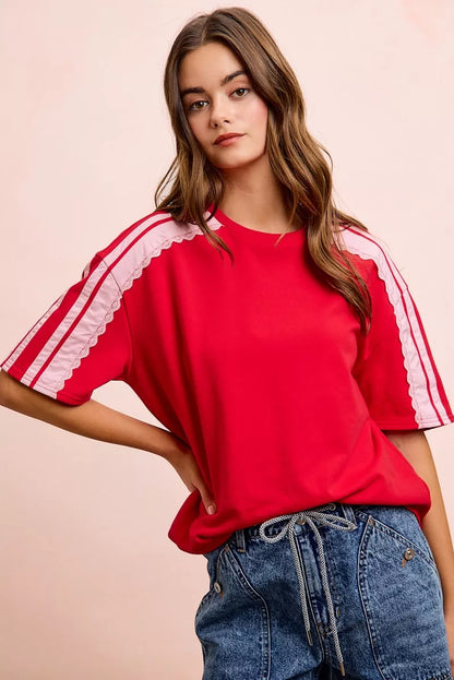 Red blush BiBi French Terry short sleeves top with side lace detail, casual and stylish for everyday wear.