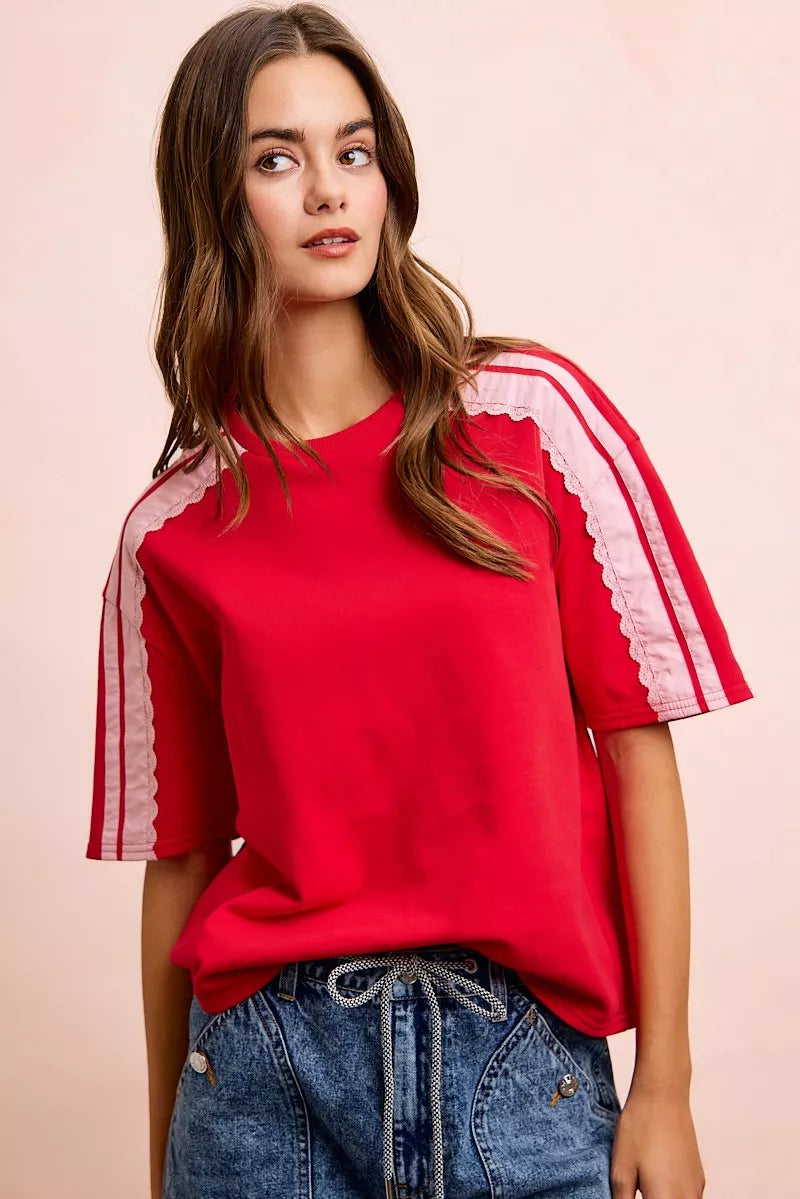 Red blush BiBi French Terry short sleeve top with side lace detail, casual women's fashion from Trendsi.