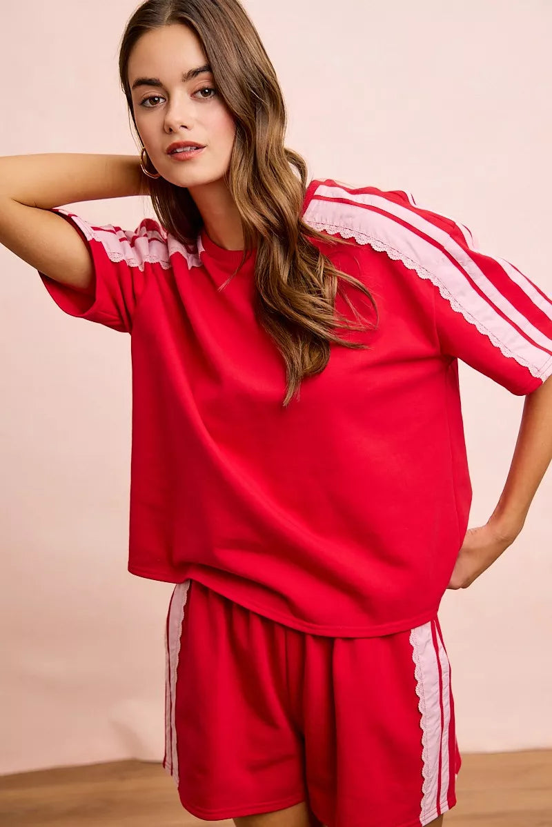 Red blush BiBi French Terry short sleeves top with side lace detail, casual and stylish women's fashion by Trendsi.