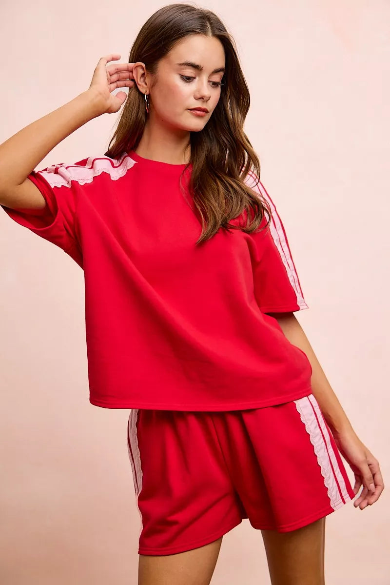 Red blush BiBi French Terry short sleeve top with side lace detail, stylish casual wear by Trendsi.