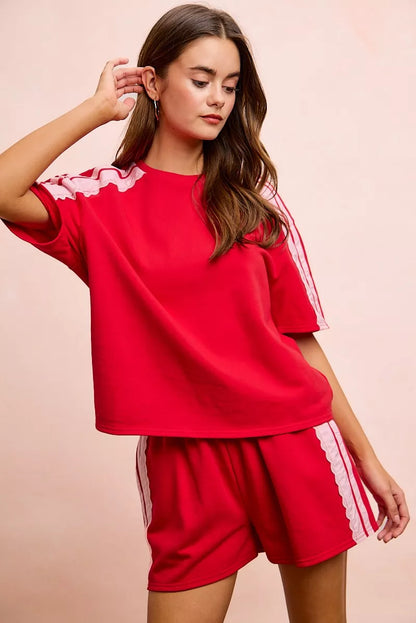 Red blush BiBi French Terry short sleeve top with side lace detail, stylish casual wear by Trendsi.