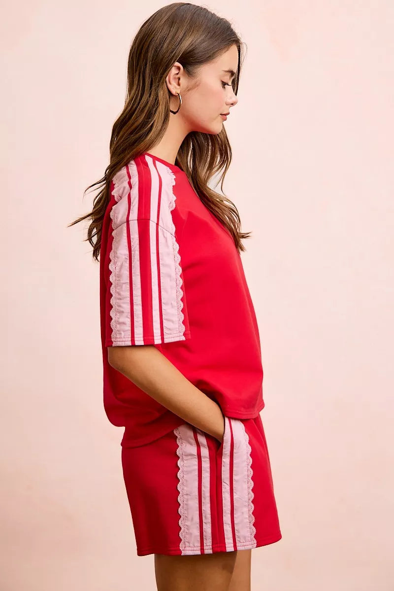 Red blush BiBi French Terry short sleeve top with side lace detail, casual and comfortable women's fashion from Trendsi.