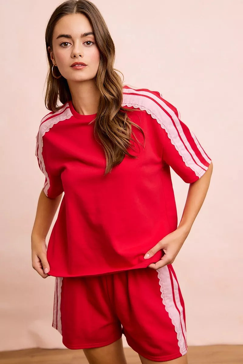 Red blush BiBi French Terry short sleeve top with side lace detail, casual and comfortable women's fashion by Trendsi.