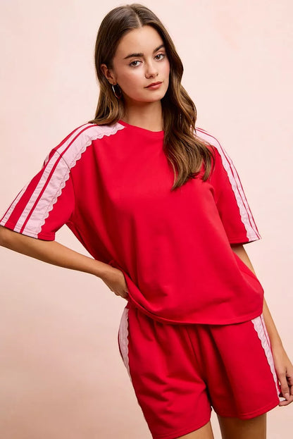 Red blush BiBi French Terry short sleeves top with side lace detail, casual and comfortable women's fashion by Trendsi.