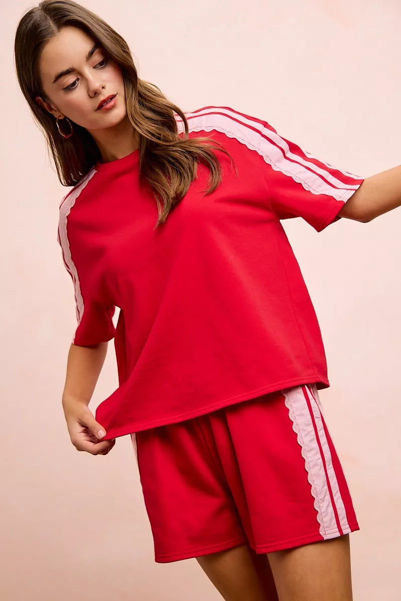 Red blush BiBi French Terry short sleeve top with side lace detail, casual and stylish women's fashion from Trendsi.