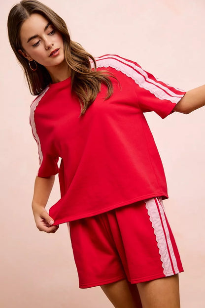 Red blush BiBi French Terry short sleeve top with side lace detail, casual and stylish women's fashion from Trendsi.