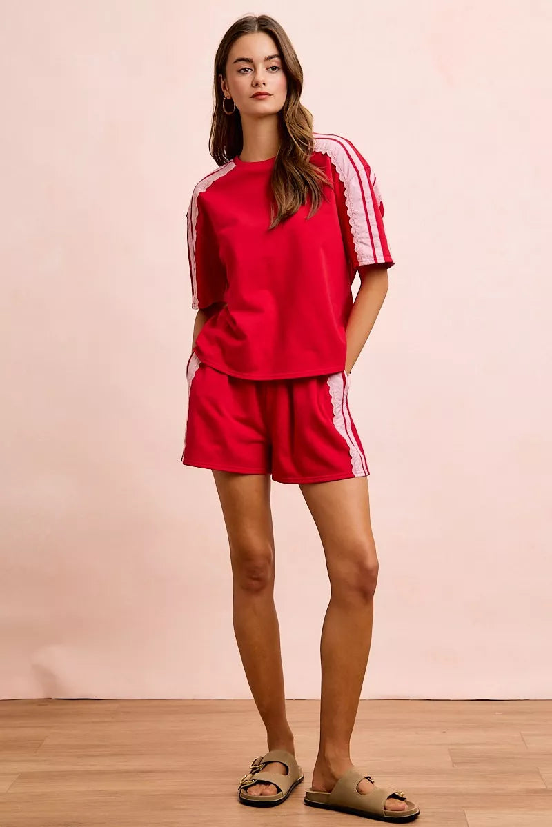 Red blush BiBi French Terry short sleeve top with side lace detail, casual and stylish women's fashion from Trendsi.